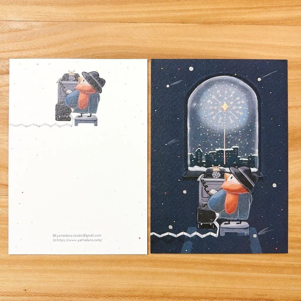 Shanni Ni 'Missing' Gold Foil Postcard by Yamadoro — navy night-window scene with gold-foil accents, for journaling