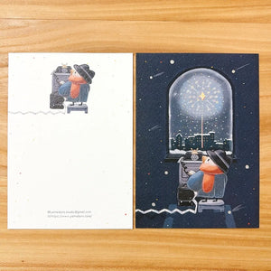 Shanni Ni 'Missing' Gold Foil Postcard by Yamadoro — navy night-window scene with gold-foil accents, for journaling