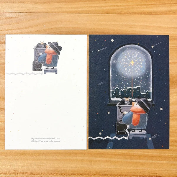 Shanni Ni 'Missing' Gold Foil Postcard by Yamadoro — navy night-window scene with gold-foil accents, for journaling