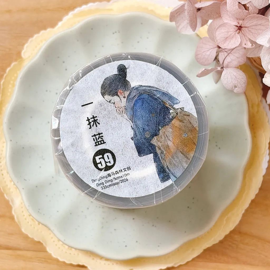One-Piece Blue Cut 59 PET Tape by DingDing — roll of woman-in-blue-coat PET deco tape, for journaling