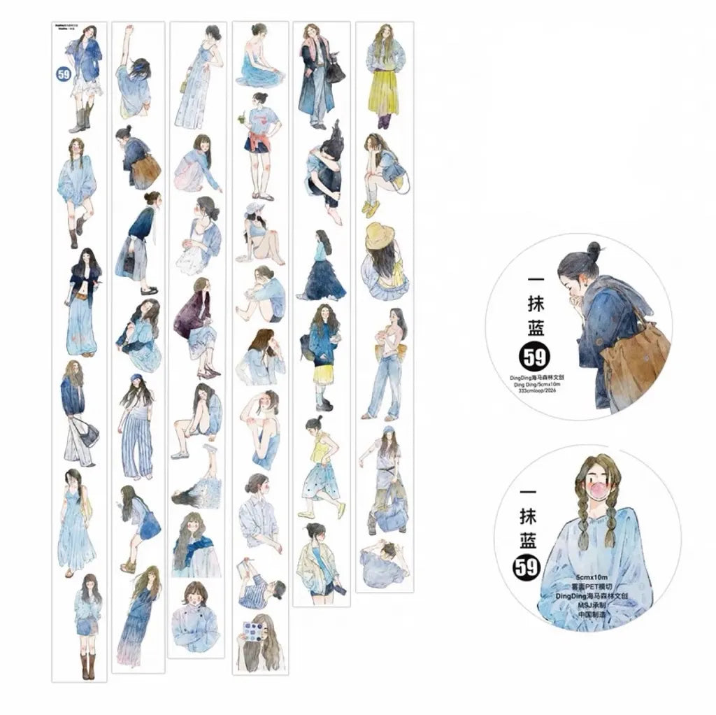 One-Piece Blue Cut 59 PET Tape by DingDing — watercolour female-figure PET tape design sheet, for journaling