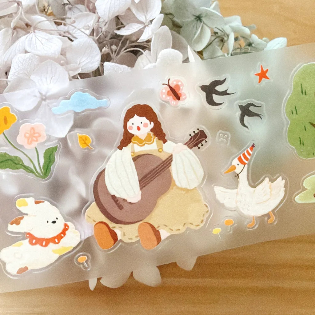 Goes On A Picnic PET Tape by Yier — guitar-girl, duck and rabbit designs on clear PET deco tape, for journaling