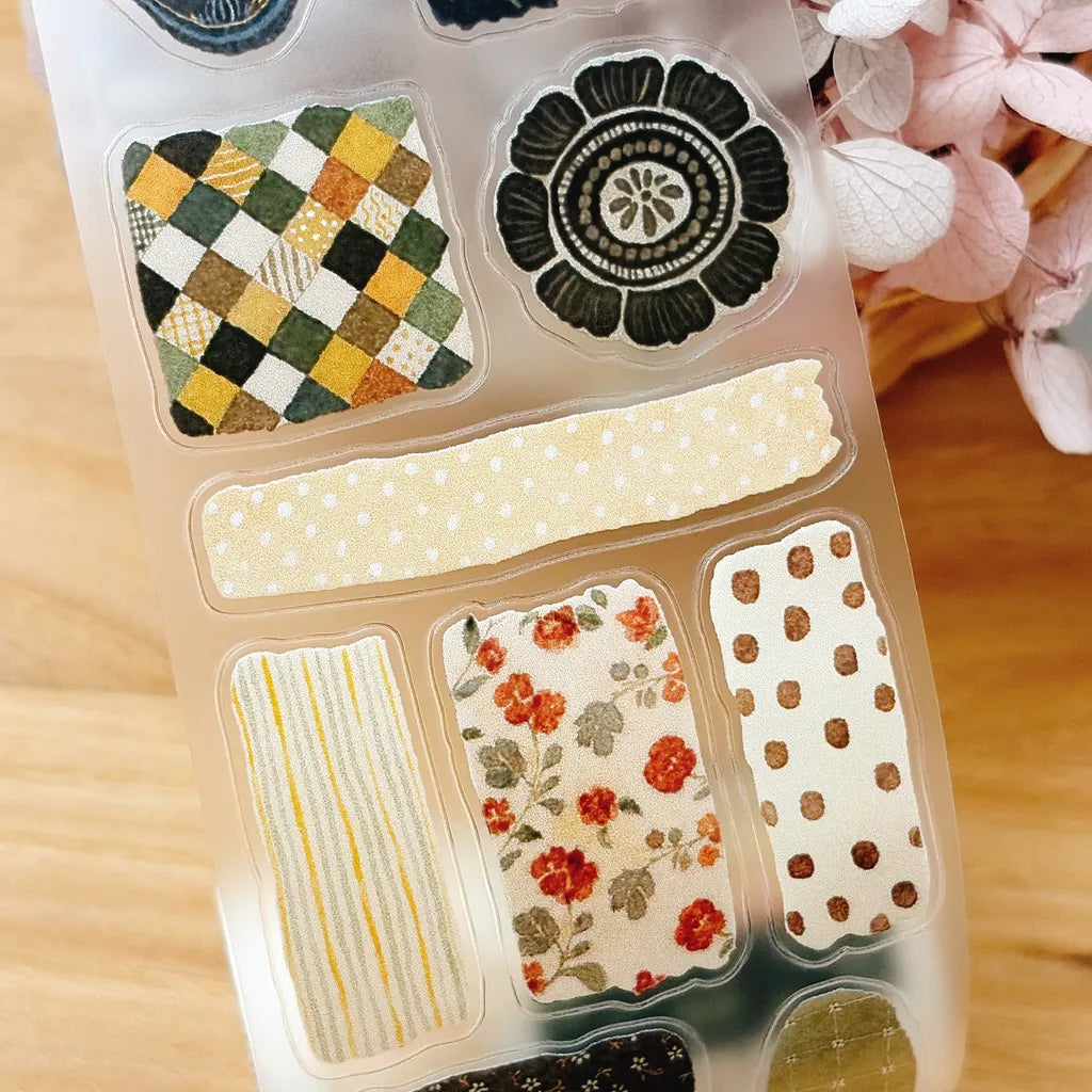 Floral Patchwork Cut PET Tape by Yier — patterned rectangular and floral PET tape pieces, for journaling