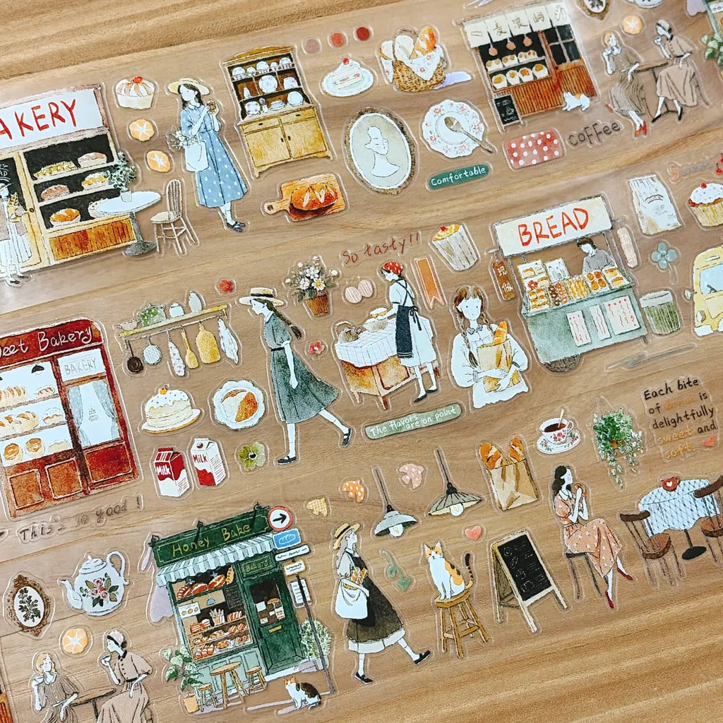 Bakery's Daily Cutting PET Tape by Yier — vintage bakery scenes on clear pre-cut PET deco tape, for journaling