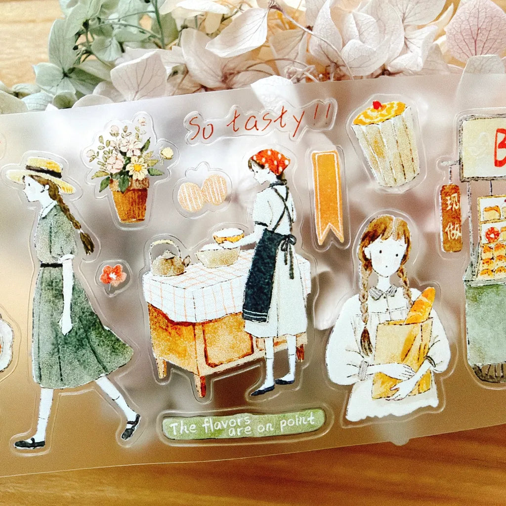 Bakery's Daily Cutting PET Tape by Yier — vintage women and bread-cart PET tape design, for journaling