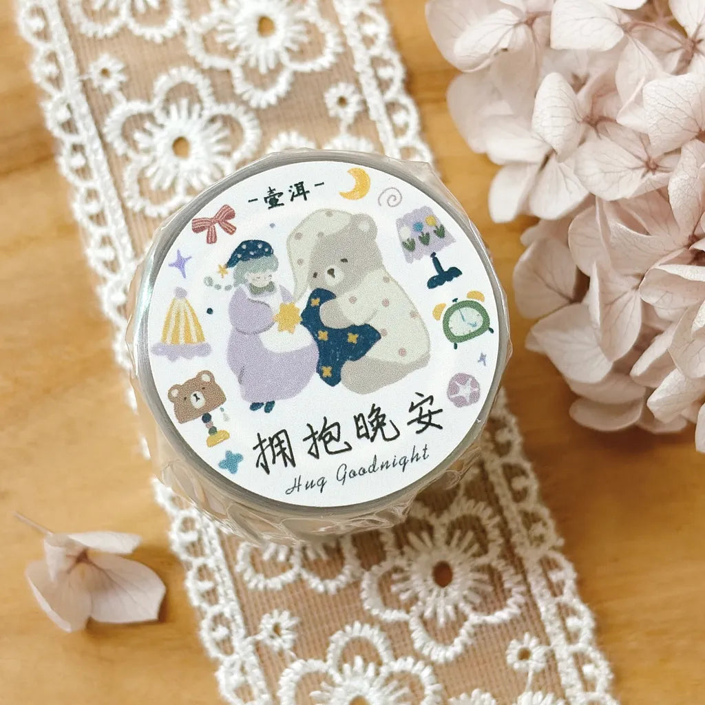 Embrace Goodnight PET Tape by Yier — roll of bear-and-girl clear PET deco tape, for journaling & deco