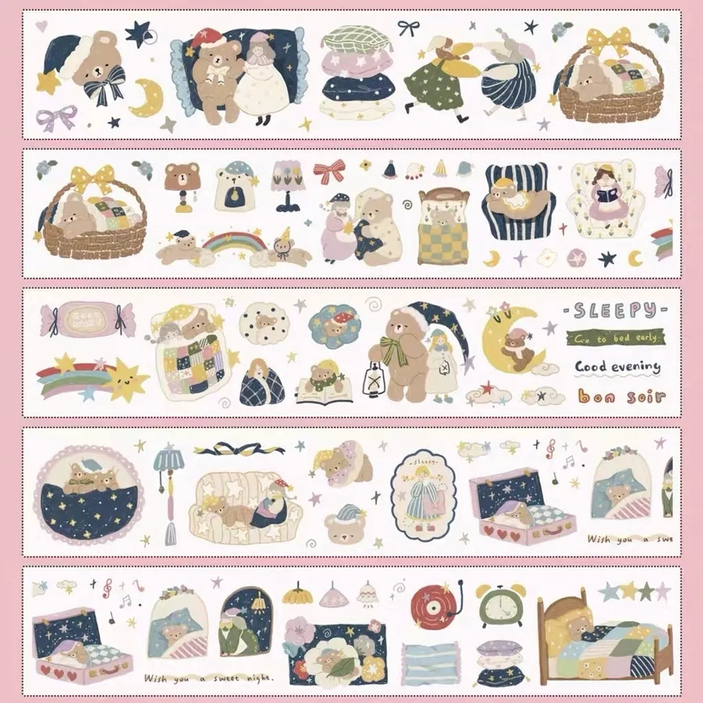 Embrace Goodnight PET Tape by Yier — teddy-bear, moon and rainbow PET tape design sheet, for journaling