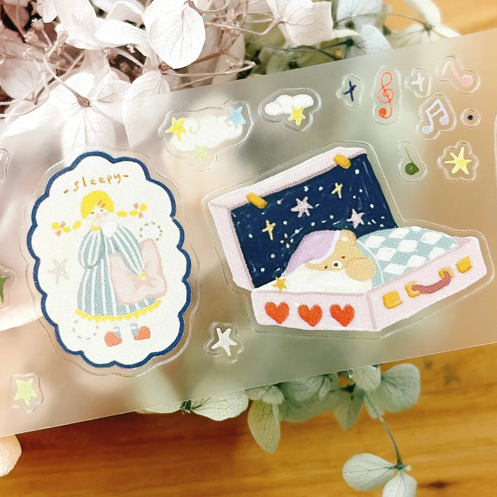 Embrace Goodnight PET Tape by Yier — sleeping girl and starry suitcase PET tape motifs, for journaling