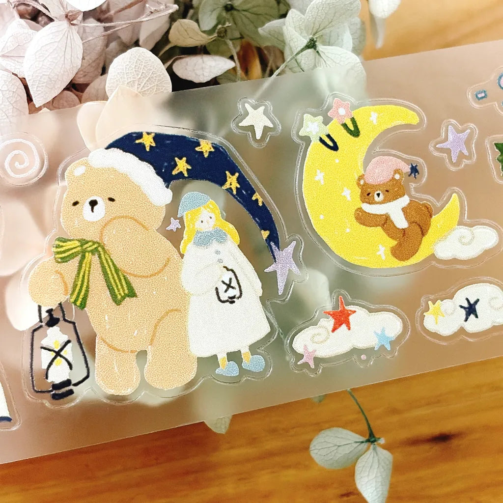 Embrace Goodnight PET Tape by Yier — bear and girl under a starry moon PET tape close-up, for journaling