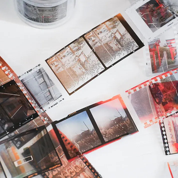 Collection of black and white slides on a white surface