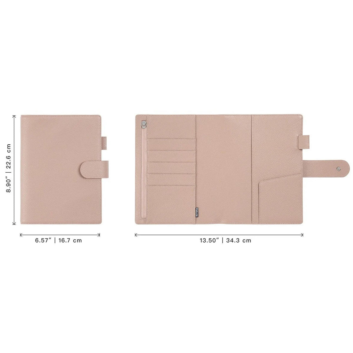 Elite Planner Cover A5 by Moterm — size reference diagram, closed and open, for journaling