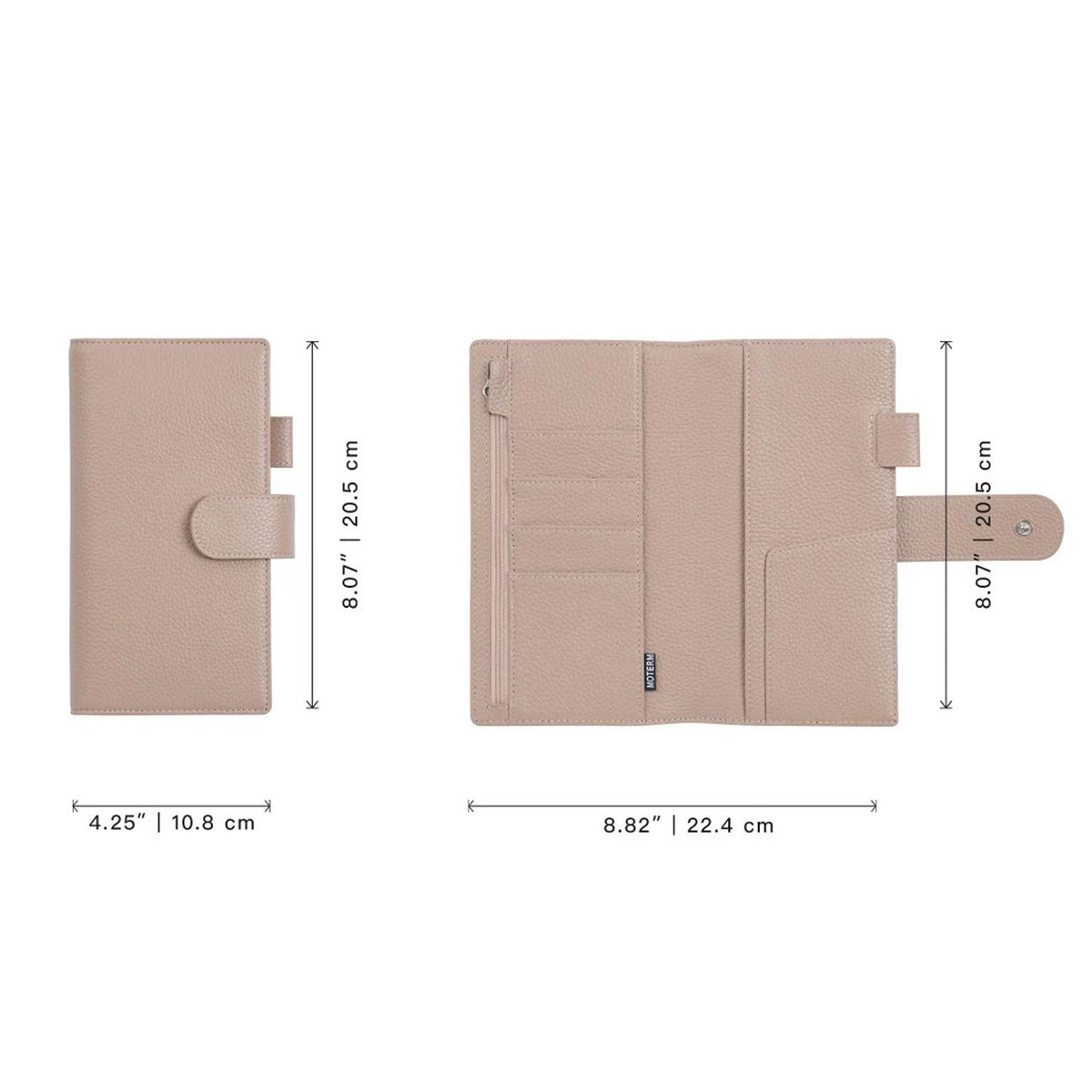 Elite Planner Cover Weeks by Moterm — size reference diagram, closed and open, for journaling