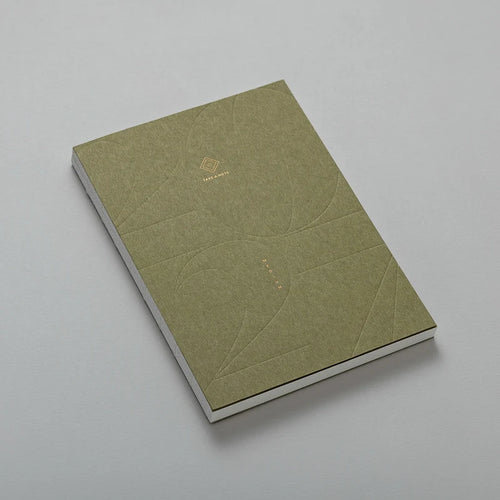 2027 Medium Weeks Planner B6 by Take a Note — olive cover with gold-foil branding, angled view, for planning