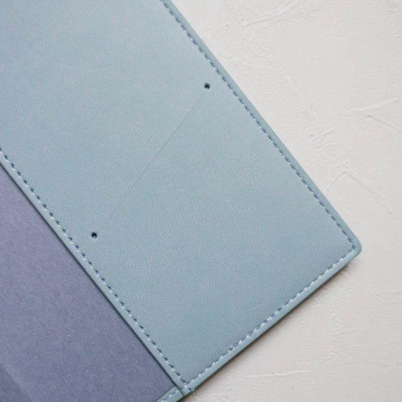 A6 Pale Blue Planner PU Cover by Take a Note — corner close-up showing the stitching, for journaling
