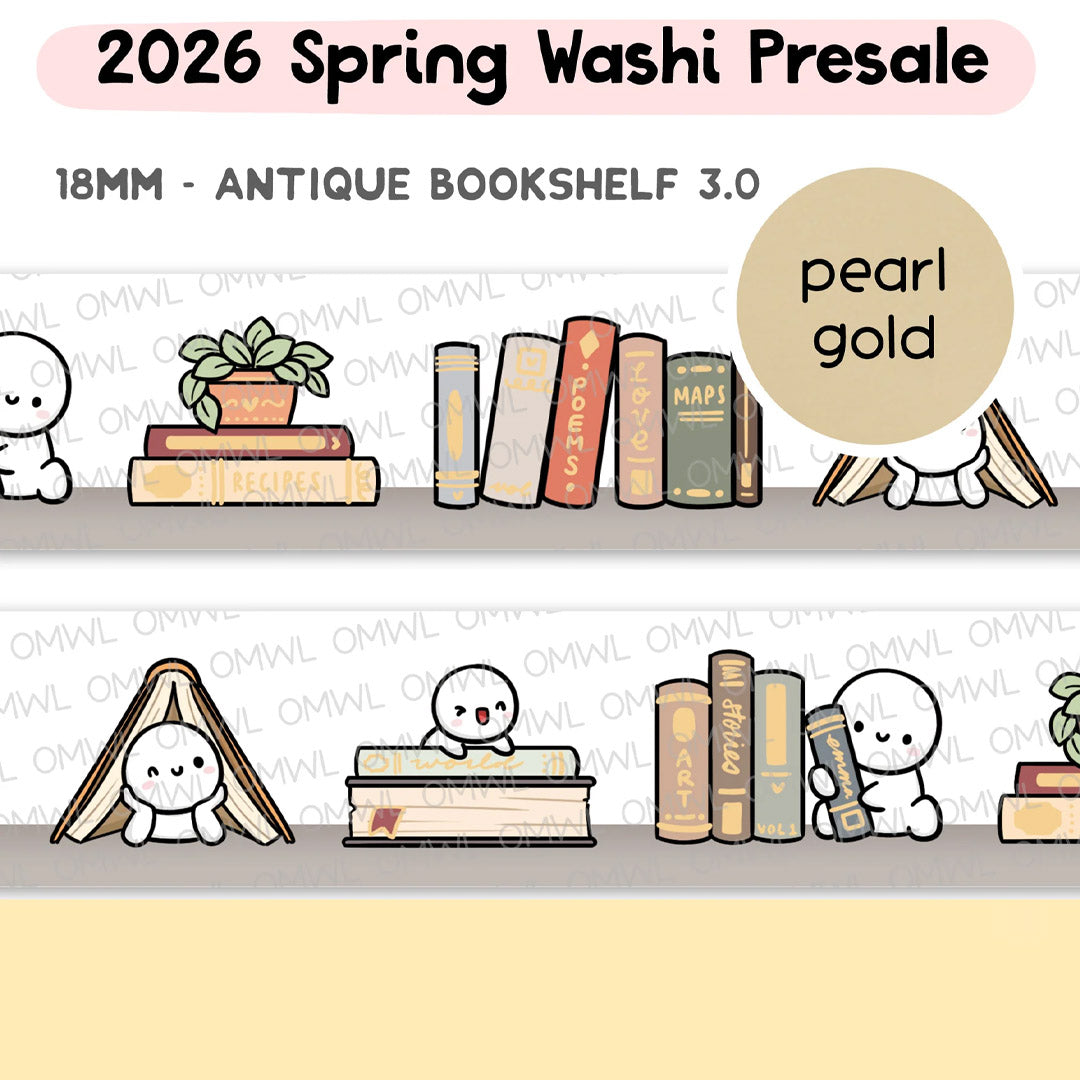 Antique Bookshelf 3.0 Washi Tape by OnceMoreWithLove, 18mm vintage book roll with pearl gold foil