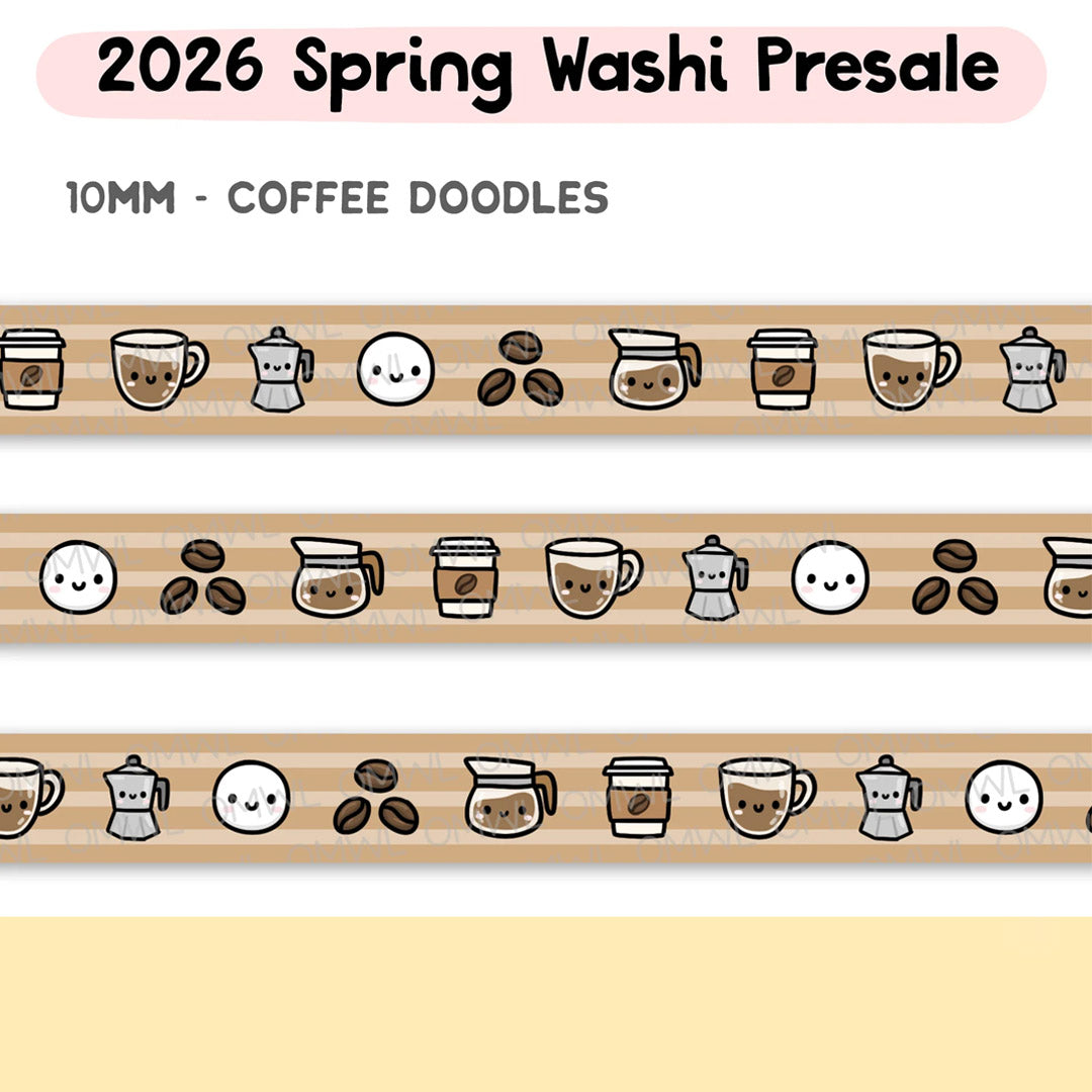 Coffee Doodles Washi Tape by OnceMoreWithLove, slim 10mm roll of playful coffee-themed doodles