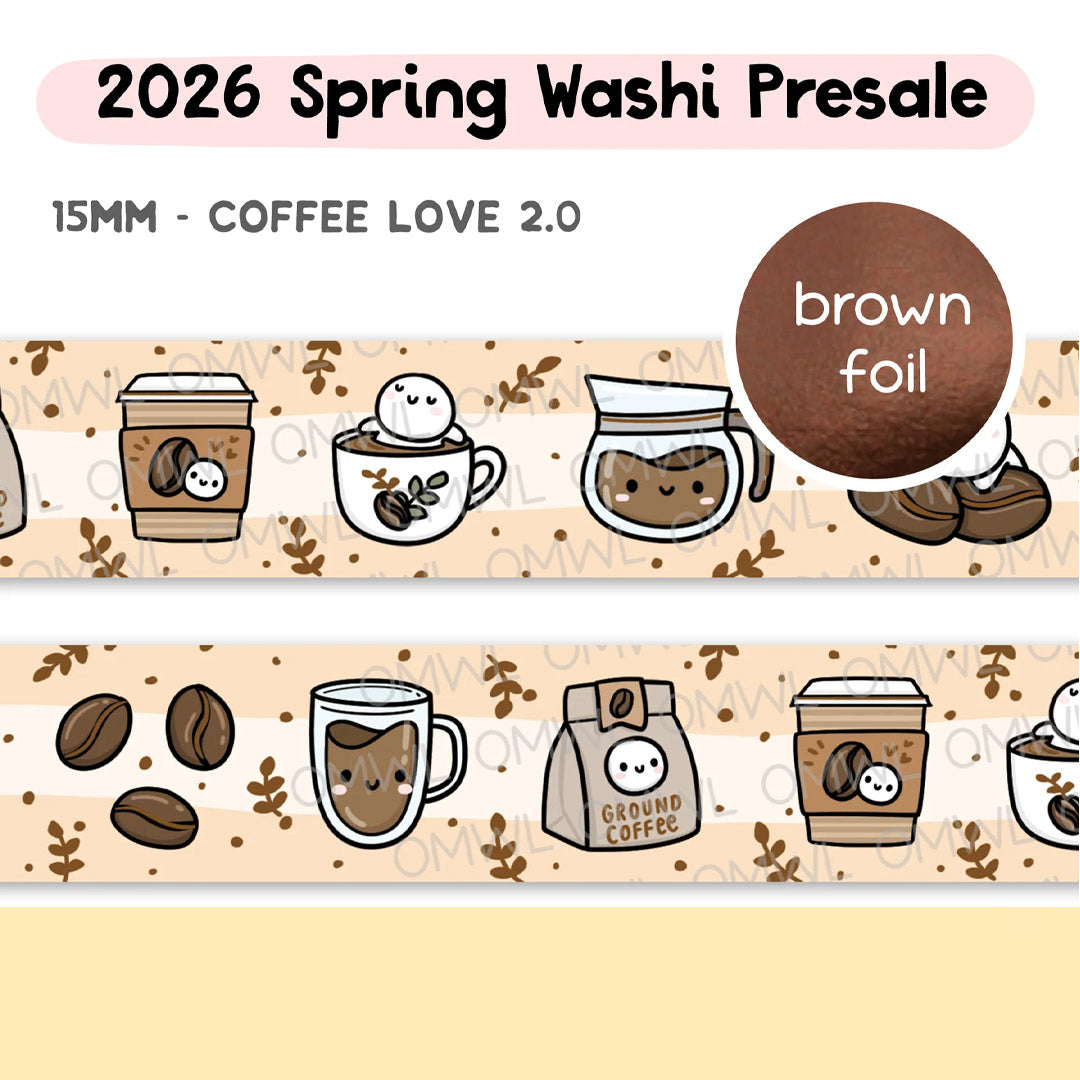 Coffee Love 2.0 Washi Tape by OnceMoreWithLove, 15mm cozy coffee-themed roll with brown foil