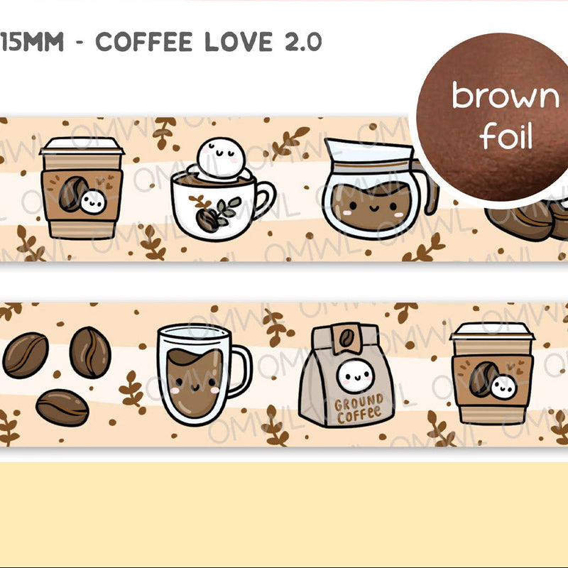 Coffee Love 2.0 Washi Tape by OnceMoreWithLove, 15mm cozy coffee-themed roll with brown foil