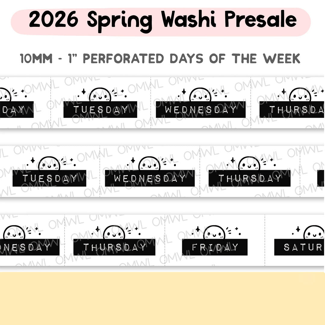 Days of the Week Perforated Labels Washi Tape by OnceMoreWithLove, 10mm planner label roll