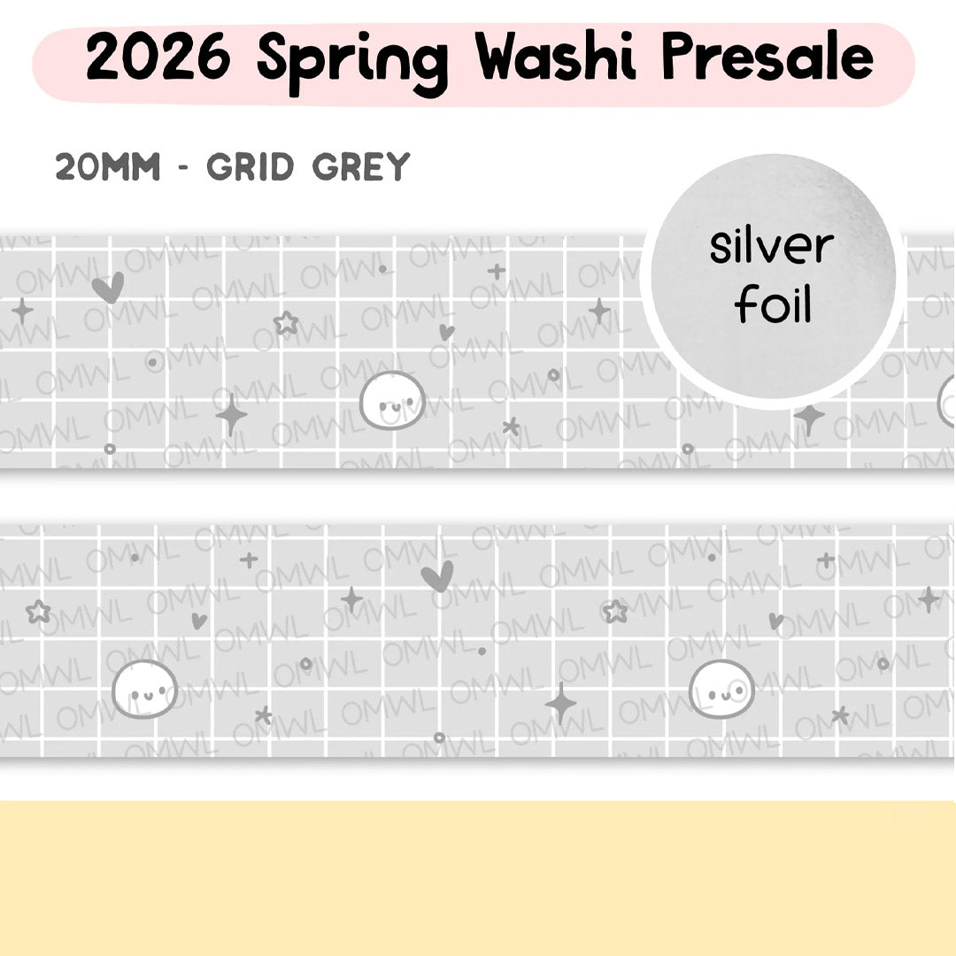 Grid Grey Washi Tape by OnceMoreWithLove, versatile 20mm grey grid roll with silver foil lines