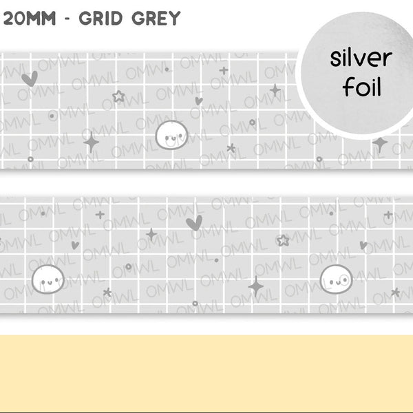 Grid Grey Washi Tape by OnceMoreWithLove, versatile 20mm grey grid roll with silver foil lines