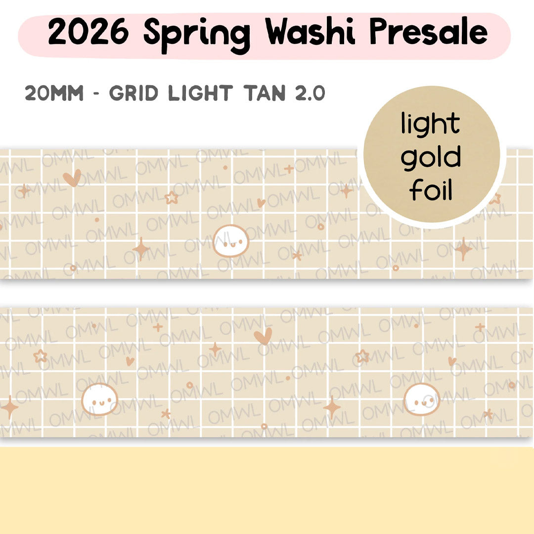 Grid Light Tan Washi Tape by OnceMoreWithLove, neutral 20mm grid roll with light gold foil lines