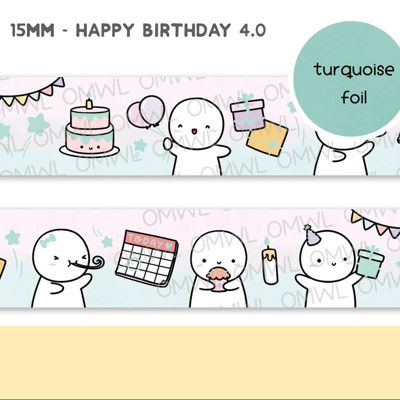 Happy Birthday 4.0 Washi Tape by OnceMoreWithLove, 15mm ombre roll with turquoise blue foil text