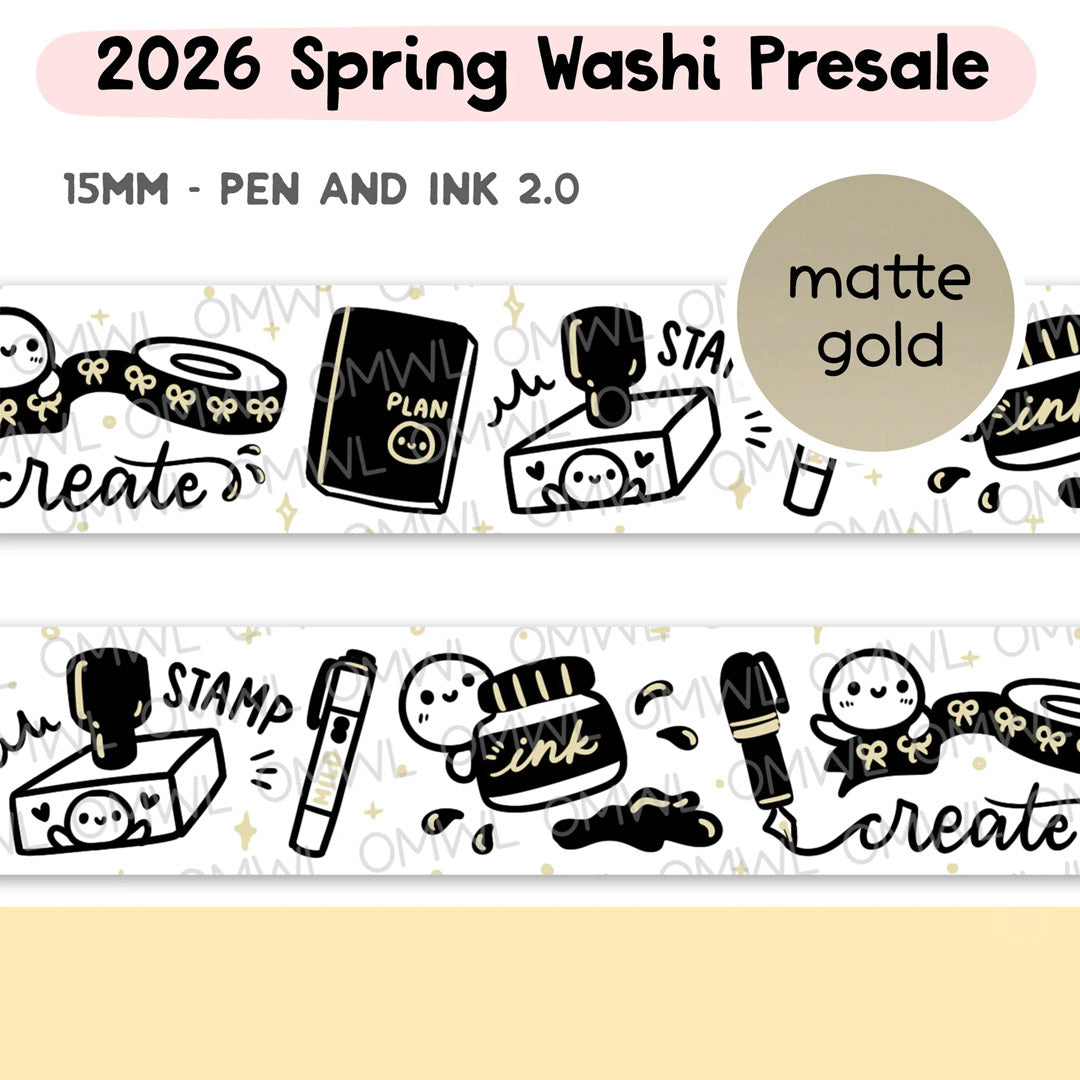 Pen and Ink 2.0 Washi Tape by OnceMoreWithLove, 15mm stationery roll with matte gold foil accents