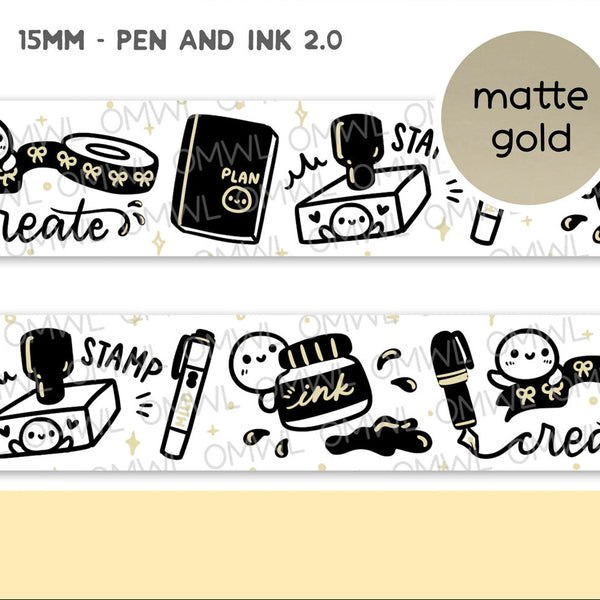 Pen and Ink 2.0 Washi Tape by OnceMoreWithLove, 15mm stationery roll with matte gold foil accents