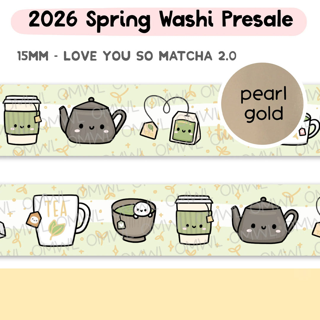 Love You So Matcha Washi Tape by OnceMoreWithLove, 15mm matcha-themed roll with pearl gold foil