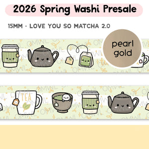 Love You So Matcha Washi Tape by OnceMoreWithLove, 15mm matcha-themed roll with pearl gold foil