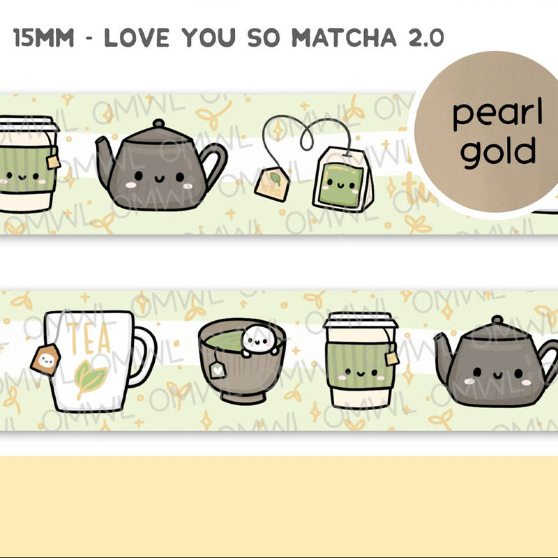 Love You So Matcha Washi Tape by OnceMoreWithLove, 15mm matcha-themed roll with pearl gold foil