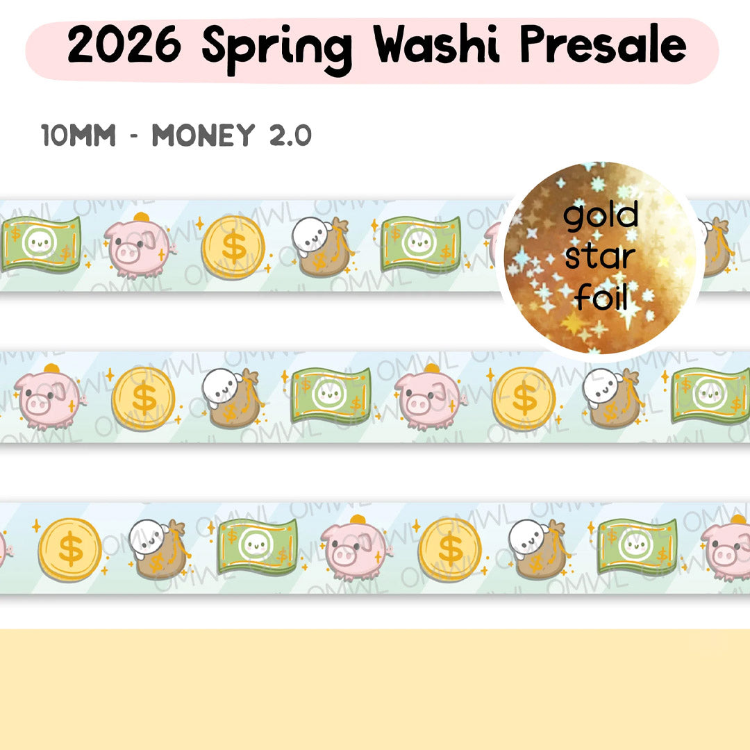 Money 2.0 Washi Tape by OnceMoreWithLove, 10mm finance-tracking roll with gold star foil accents