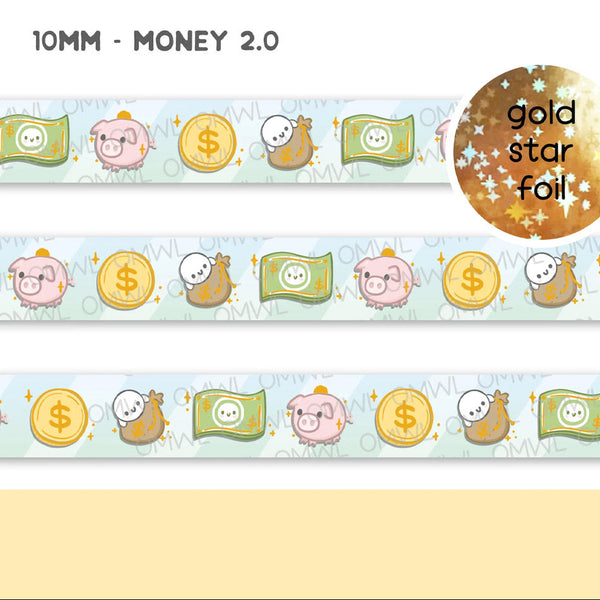 Money 2.0 Washi Tape by OnceMoreWithLove, 10mm finance-tracking roll with gold star foil accents