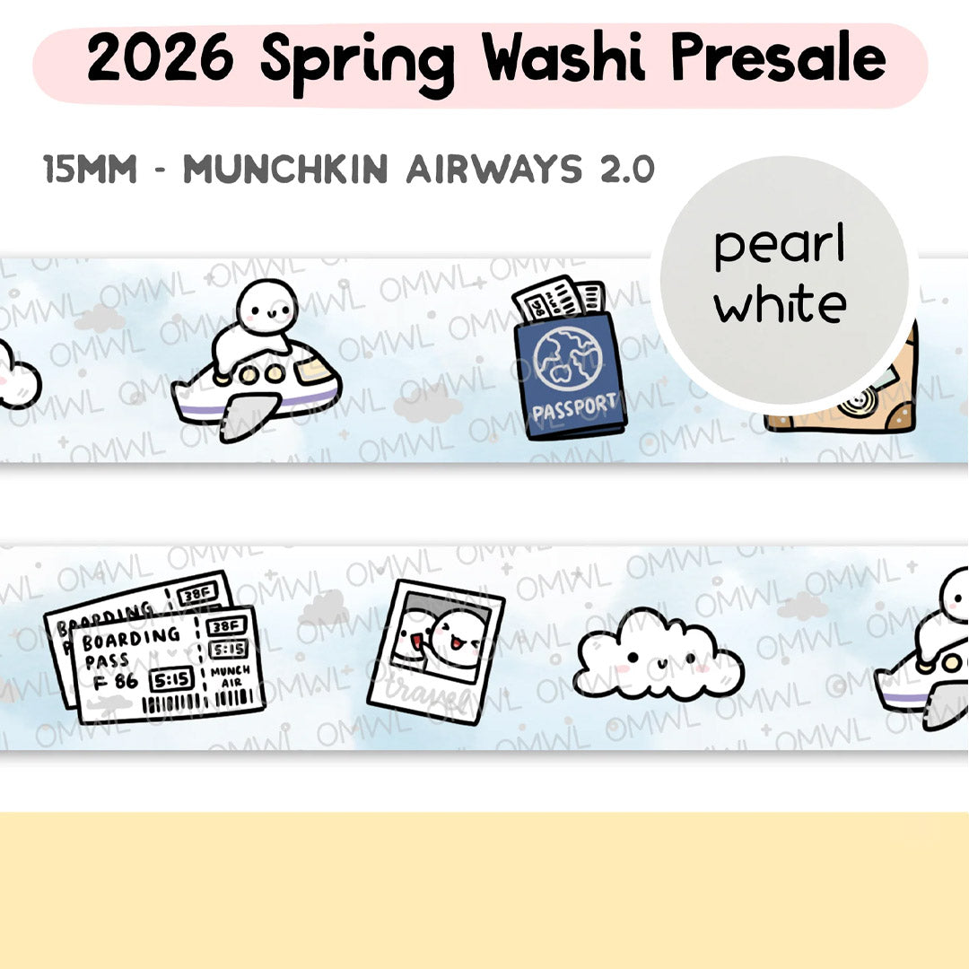 Munchkin Airways 2.0 Washi Tape by OnceMoreWithLove, 15mm travel-themed roll with pearl white foil