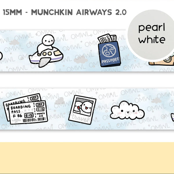 Munchkin Airways 2.0 Washi Tape by OnceMoreWithLove, 15mm travel-themed roll with pearl white foil