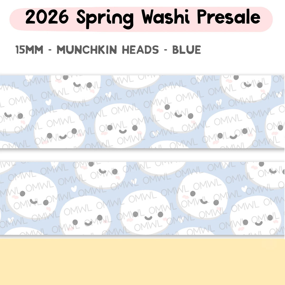 Munchkin Heads Blue Washi Tape by OnceMoreWithLove, 15mm roll of adorable blue character faces