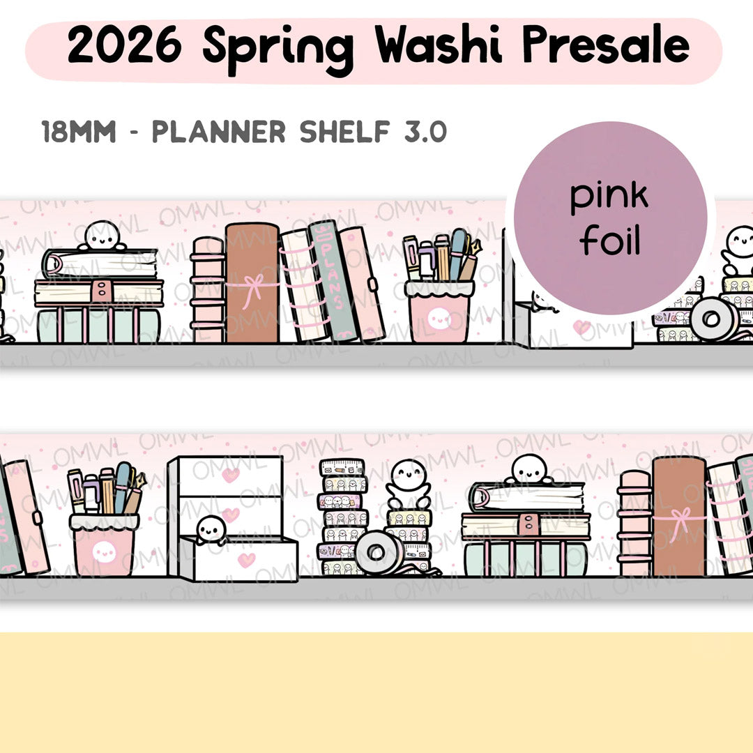 Planner Shelf 3.0 Washi Tape by OnceMoreWithLove, 18mm cozy planner shelf roll with pink foil