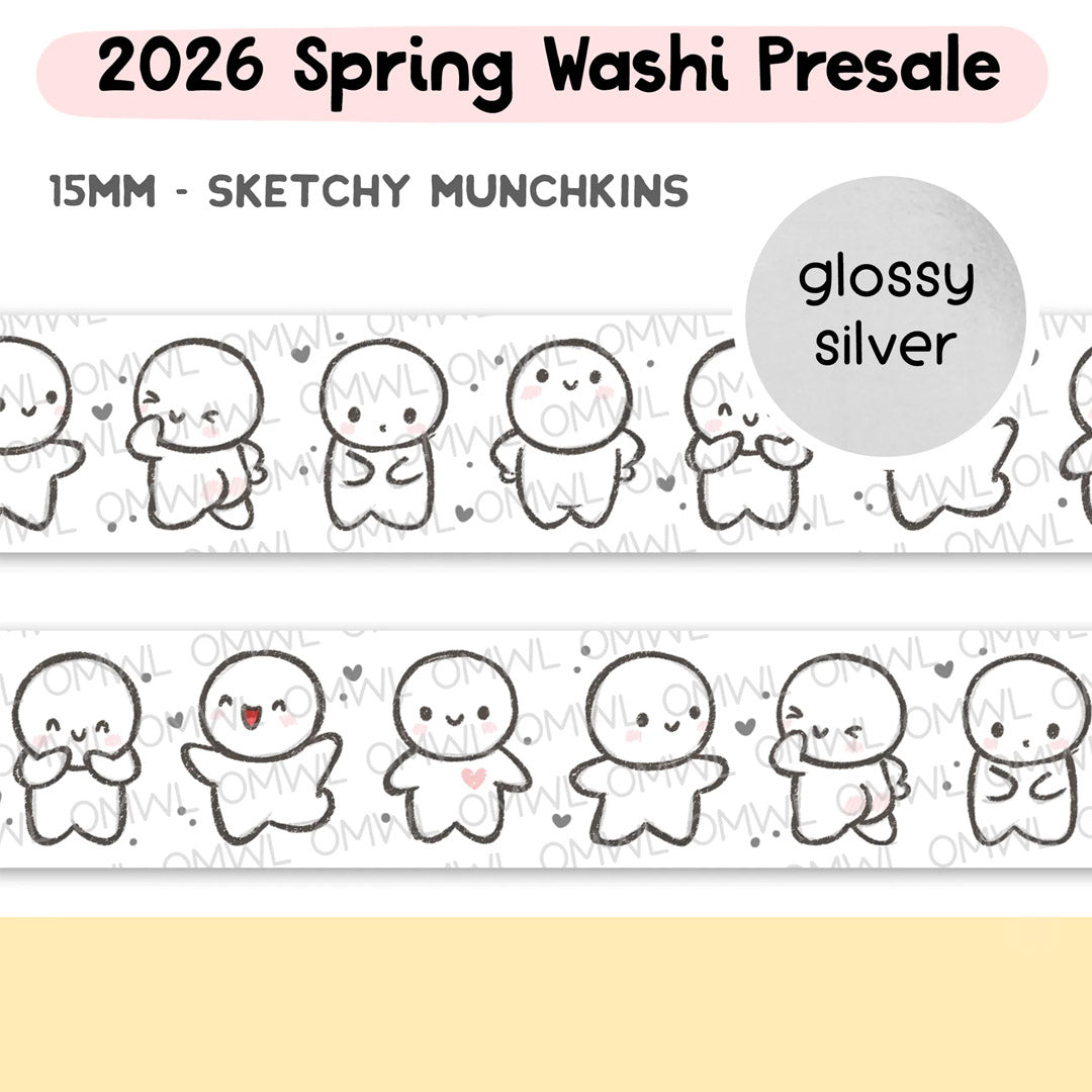 Sketchy Munchkins Washi Tape by OnceMoreWithLove, 15mm playful sketch roll with silver foil accents