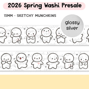 Sketchy Munchkins Washi Tape by OnceMoreWithLove, 15mm playful sketch roll with silver foil accents