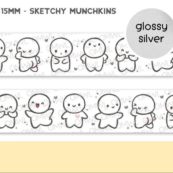 Sketchy Munchkins Washi Tape by OnceMoreWithLove, 15mm playful sketch roll with silver foil accents