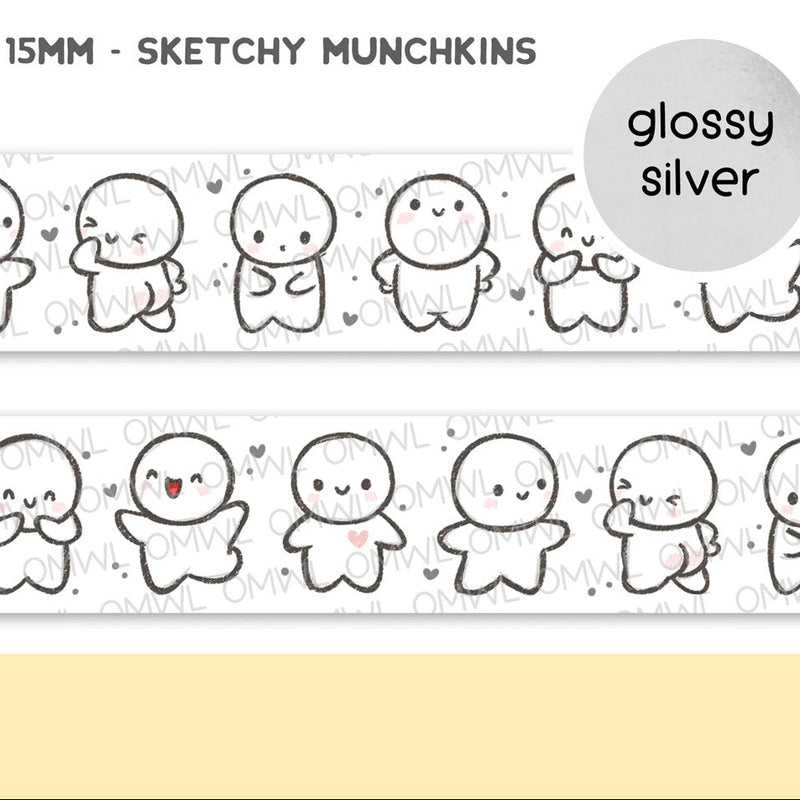 Sketchy Munchkins Washi Tape by OnceMoreWithLove, 15mm playful sketch roll with silver foil accents
