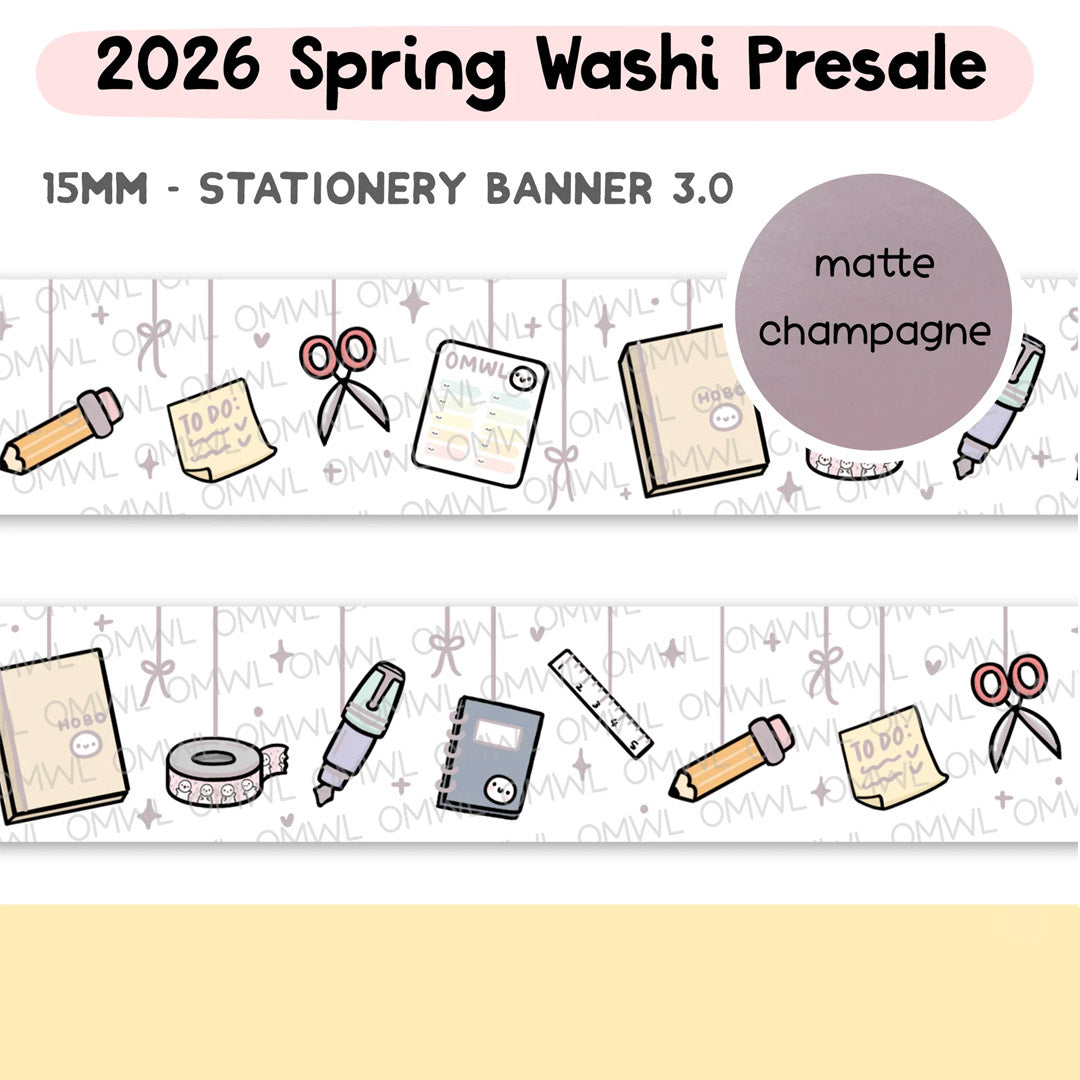 Stationery Banner 3.0 Washi Tape by OnceMoreWithLove, 15mm roll with matte champagne foil accents