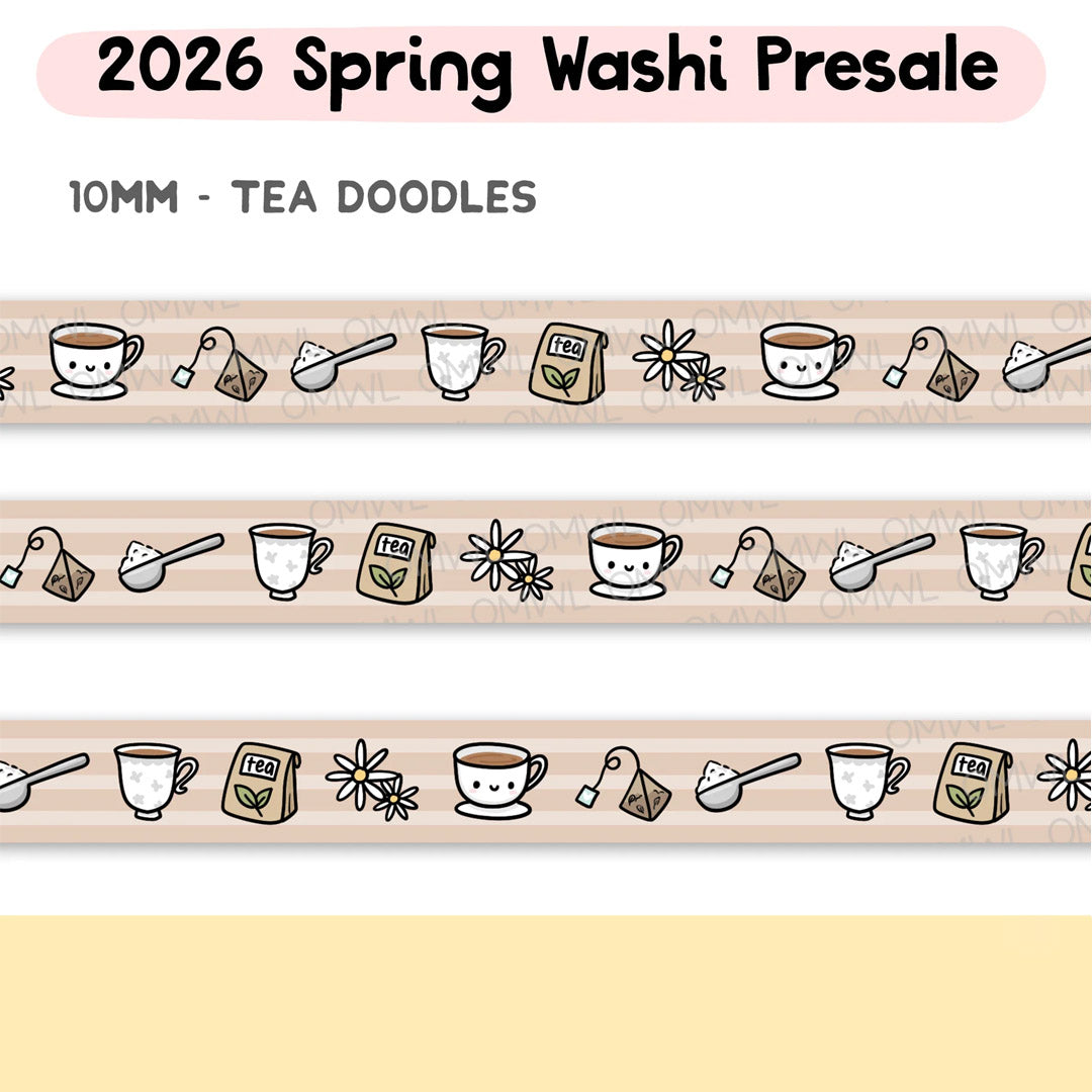 Tea Doodles Washi Tape by OnceMoreWithLove, slim 10mm roll of cute mini tea-themed doodles