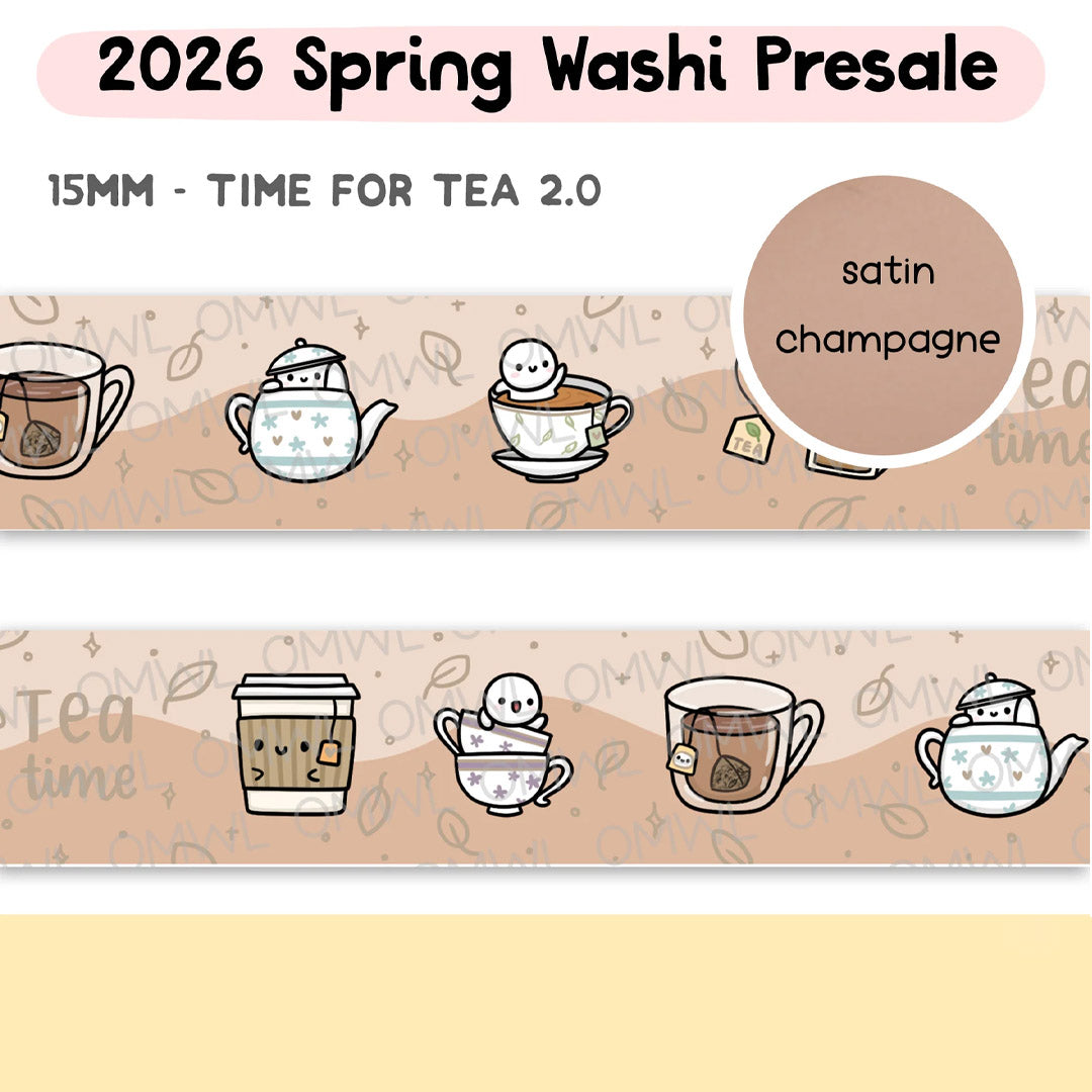 Time For Tea 2.0 Washi Tape by OnceMoreWithLove, 15mm tea-themed roll with satin champagne foil