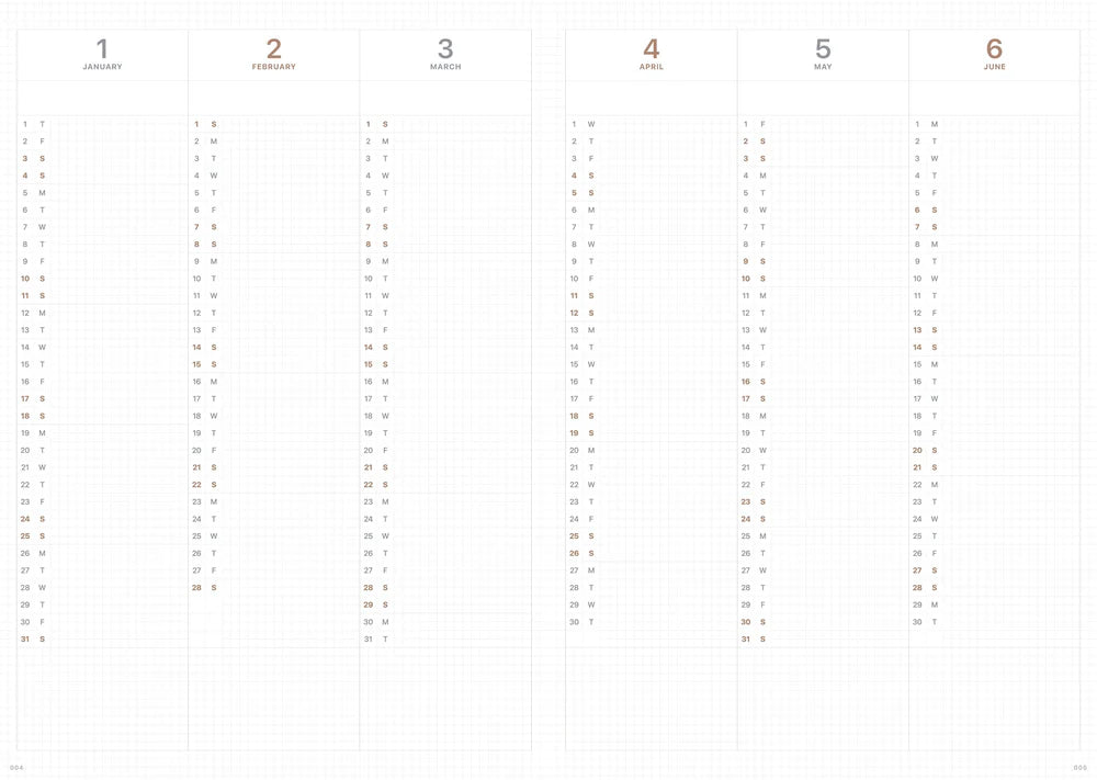 Blank calendar page with rows labeled 1 to 6 on a white background