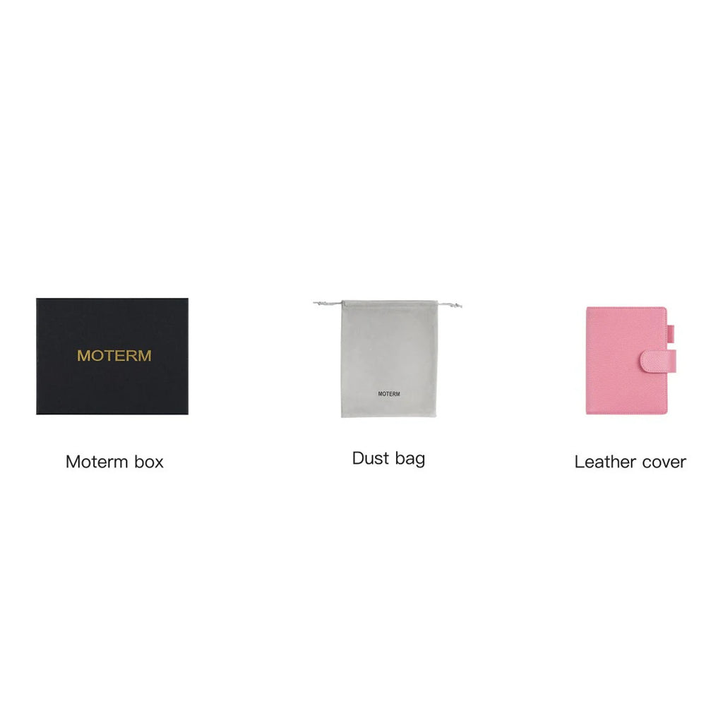 Elite Planner Cover A6 by Moterm — kit with box, dust bag and pink leather cover, for journaling