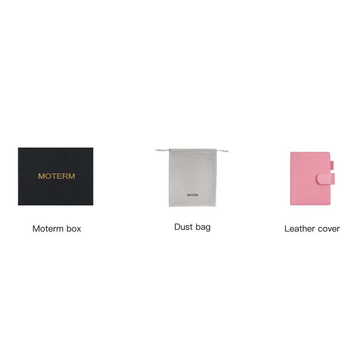 Elite Planner Cover A6 by Moterm — kit with box, dust bag and pink leather cover, for journaling