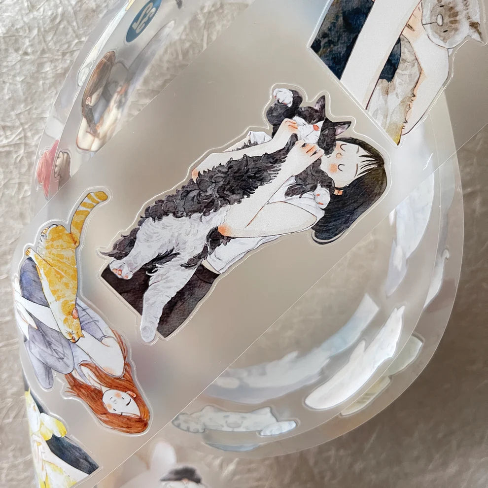 My Pet Baby 32 PET Tape woman-holding-cat artwork styled on a decorative plate on texture