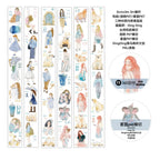 Sticker sheet with illustrations of people and animals on a white background